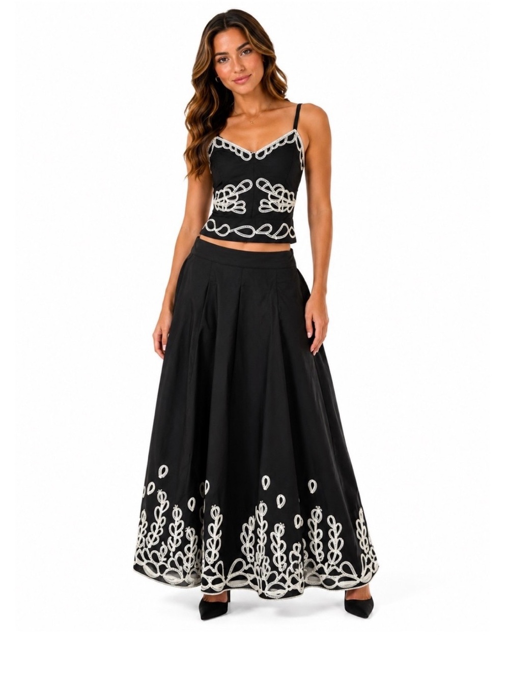 Jason Wu NWT Black & White Embroidered 2-Piece Maxi Skirt & Camisole Set size XS